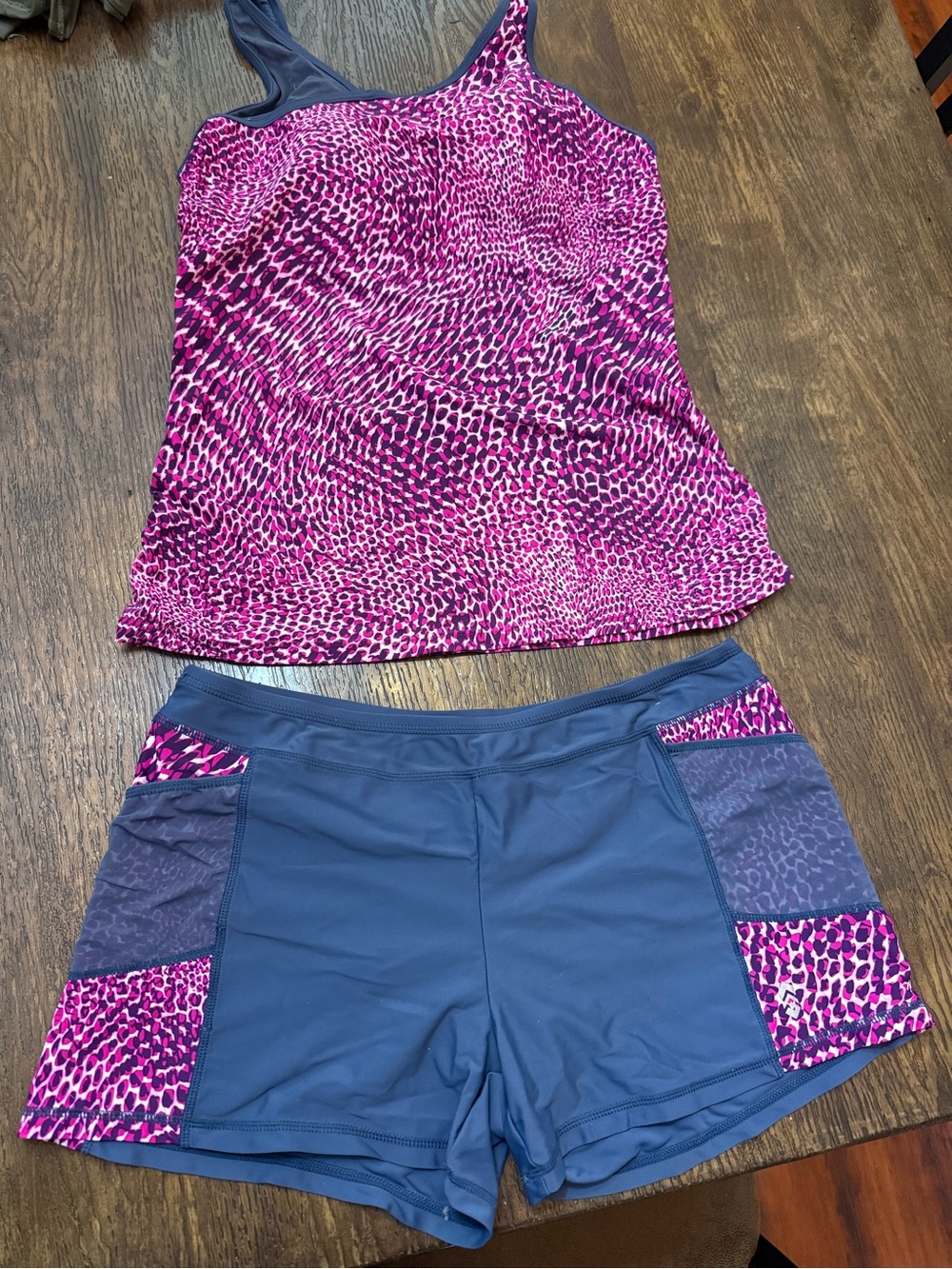 Pink Animal Print Tankini Top with Navy Swim Shorts